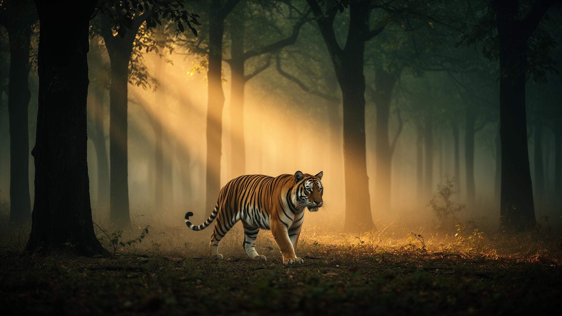 Bengal tiger walking through a misty Indian sal forest at golden hour